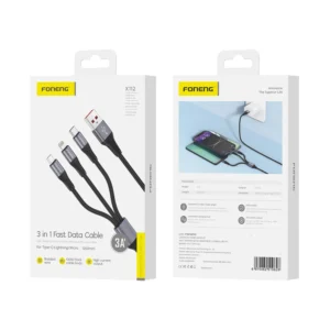 Καλώδιο φόρτισης FONENG X112 3-σε-1, 3A, 1.2m σε μαύρο χρώμα για συσκευές USB-C, Lightning και Micro USB.