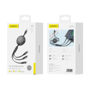 Καλώδιο FONENG X113 3 σε 1 (Lightning, Micro, Type-C) σε μαύρο χρώμα, 3A, 1.1m για γρήγορη φόρτιση συσκευών.