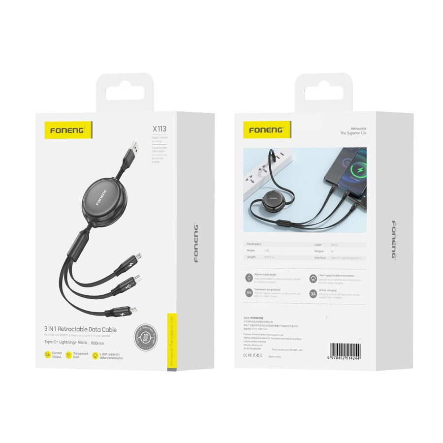 Καλώδιο FONENG X113 3 σε 1 (Lightning, Micro, Type-C) σε μαύρο χρώμα, 3A, 1.1m για γρήγορη φόρτιση συσκευών.
