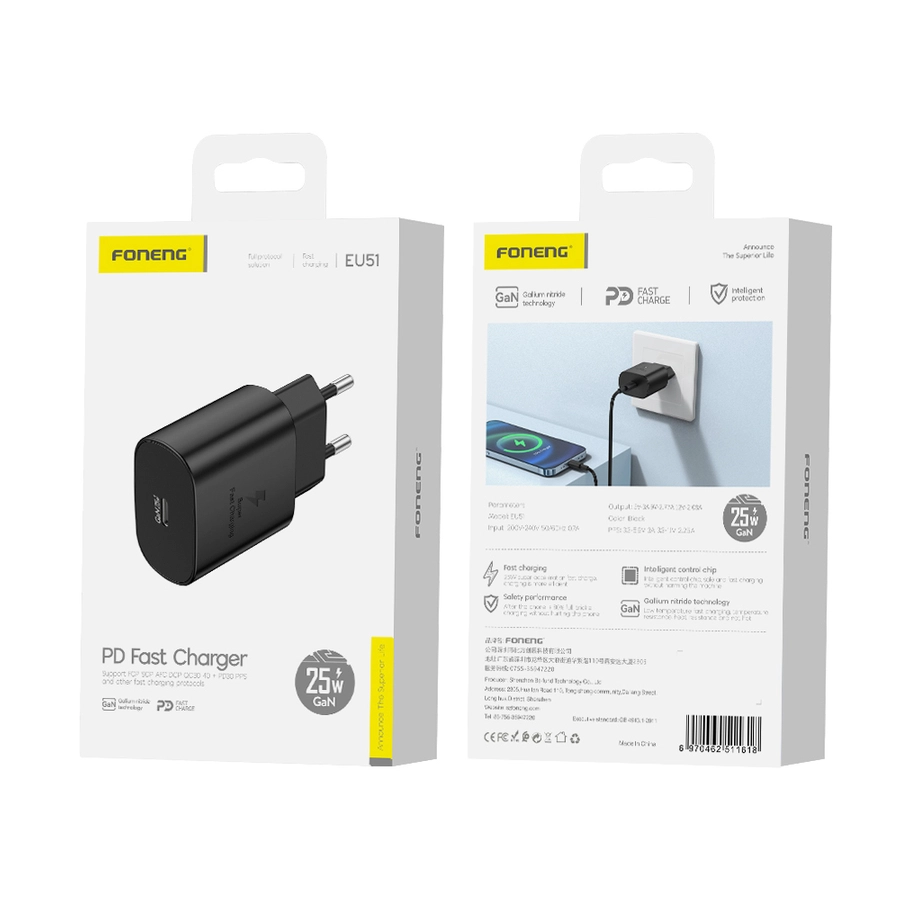 Φορτιστής τοίχου FONENG EU51 GaN 25W USB-C σε μαύρο χρώμα για γρήγορη φόρτιση κινητών