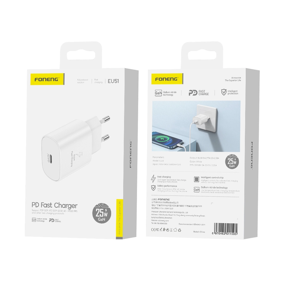 Φορτιστής τοίχου FONENG EU51 USB-C PD 25W σε λευκό χρώμα για γρήγορη φόρτιση.
