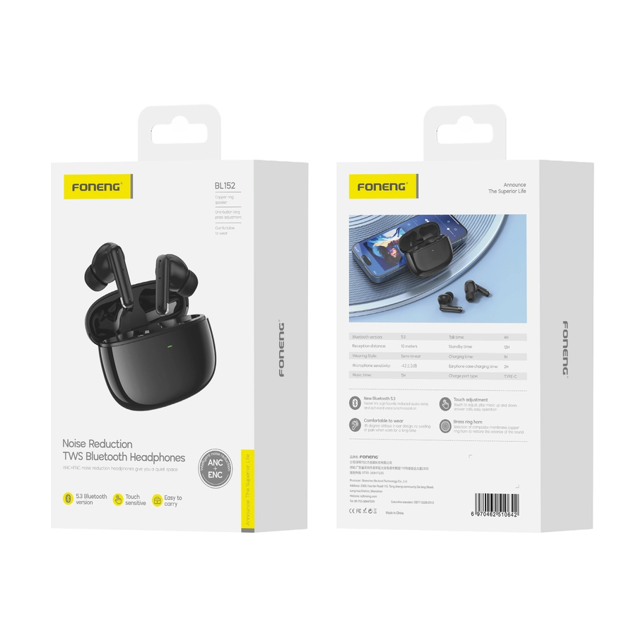FONENG BL152 ANC+ENC wireless earphones in black color, Bluetooth TWS hands-free.