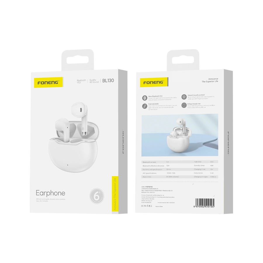 FONENG BL130 Bluetooth wireless earphones in white color, TWS hands-free for smartphone.