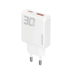 Λευκός φορτιστής πρίζας Dudao A30EU 30W με θύρες USB-A και USB-C για γρήγορη φόρτιση.