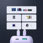 Joyroom JR-PBC06 Power Bank 10000mAh 30W σε μωβ χρώμα με ενσωματωμένα καλώδια USB-C και Lightning.