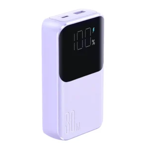 Μωβ mini Power Bank Joyroom JR-PBC06 10000mAh 30W με ενσωματωμένα καλώδια USB-C και Lightning.