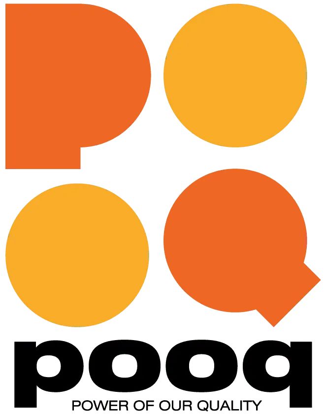 Λογότυπο pooq.gr για αξεσουάρ κινητών με το σλόγκαν Power of Our Quality σε πορτοκαλί, κίτρινο και μαύρο χρώμα.