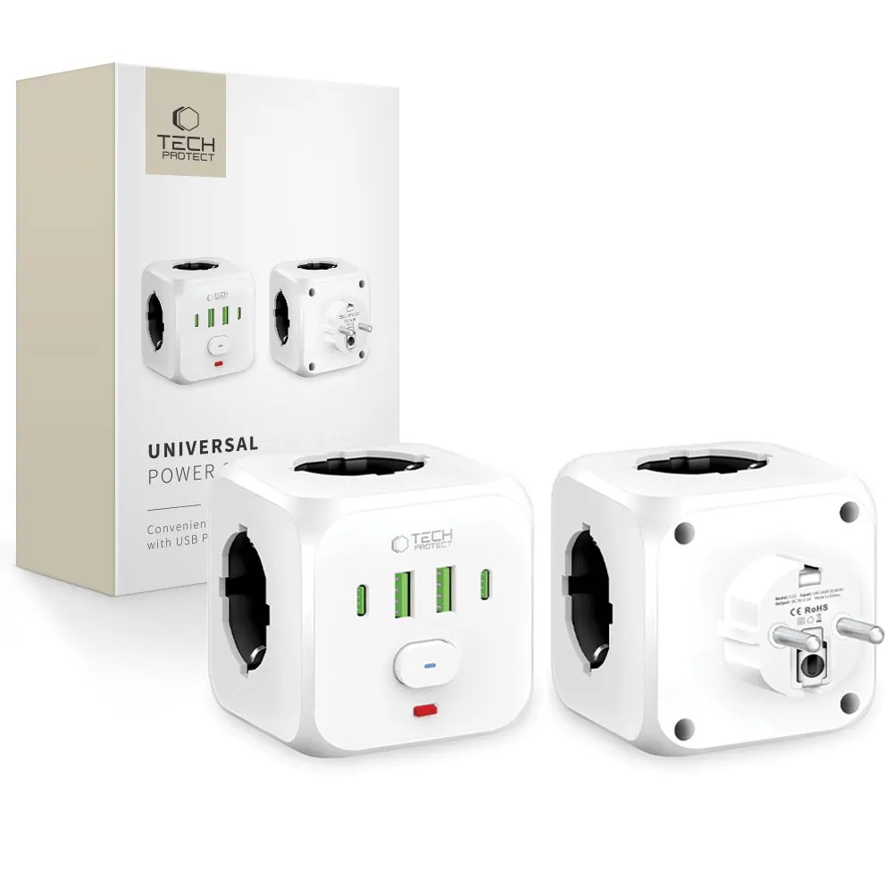 Πολύπριζο Tech-Protect PCL3x4 με 3 πρίζες AC, 2 θύρες USB-A και 2 USB-C σε λευκό χρώμα.