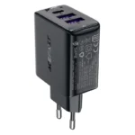 Μαύρος φορτιστής πρίζας Acefast A57 35W GaN με δύο θύρες USB-A και μία USB-C για γρήγορη φόρτιση.