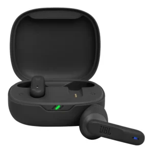 Μαύρα ασύρματα ακουστικά Bluetooth JBL Wave 300 TWS με θήκη φόρτισης.