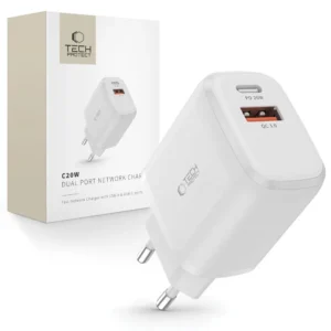 Λευκός διπλός φορτιστής Tech-Protect C20W με θύρες USB-C PD και USB-A QC 3.0 για γρήγορη φόρτιση.