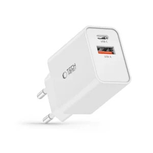 Λευκός φορτιστής Tech-Protect NC30W με θύρες USB-C PD 30W και USB-A QC 3.0 για γρήγορη φόρτιση.