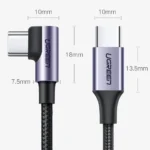 Γωνιακό καλώδιο Ugreen US255 USB-C σε USB-C 60W 3A 2m σε γκρι χρώμα για γρήγορη φόρτιση συσκευών.